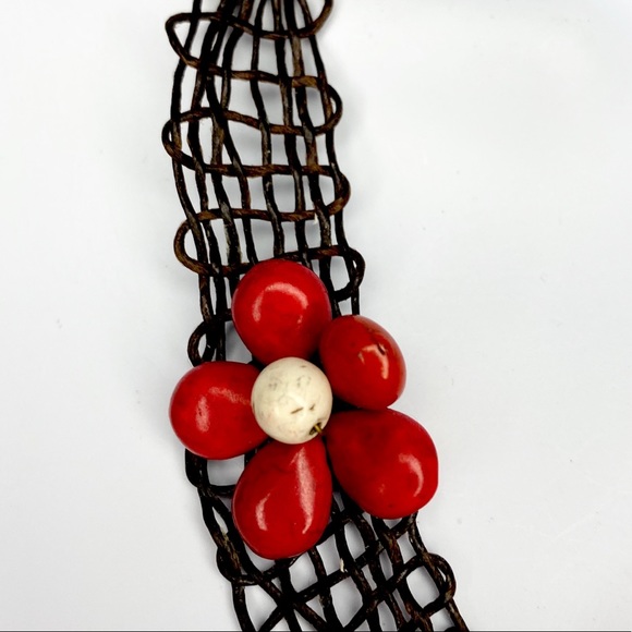 Artisan Red Flower Boho Cord Necklace & Bracelet - Picture 9 of 16